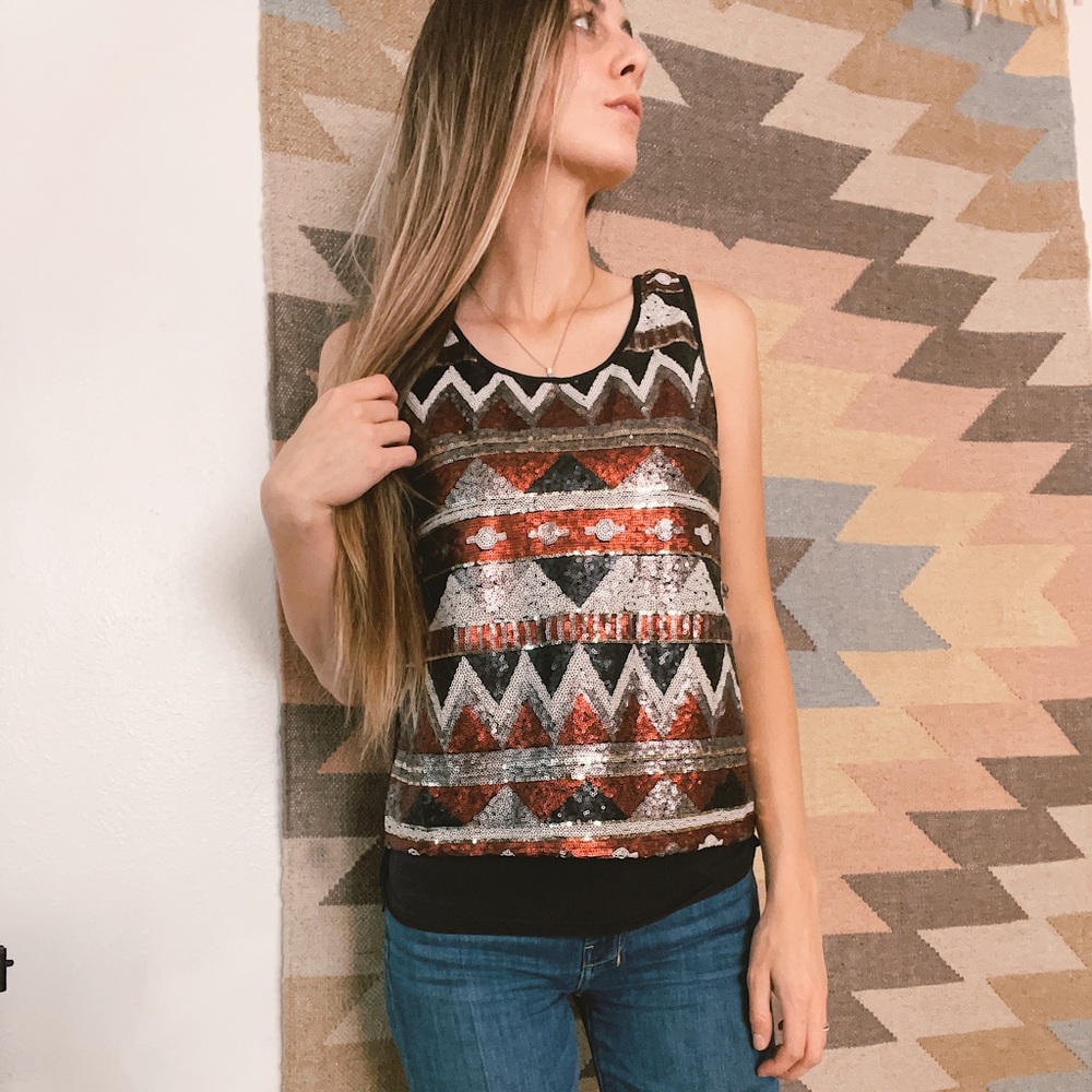Sequined Aztec Tank Top